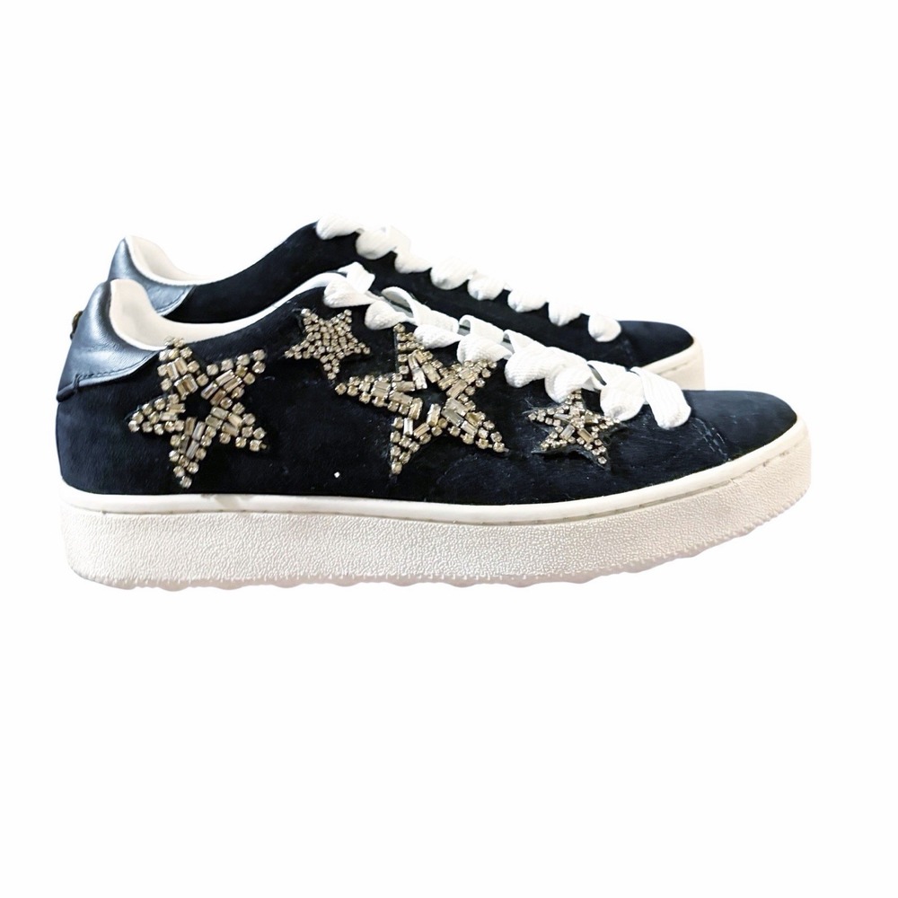 COACH Rhinestones Embellished Stars Black Suede Lace Leather Sneakers 8 - Picture 2 of 7